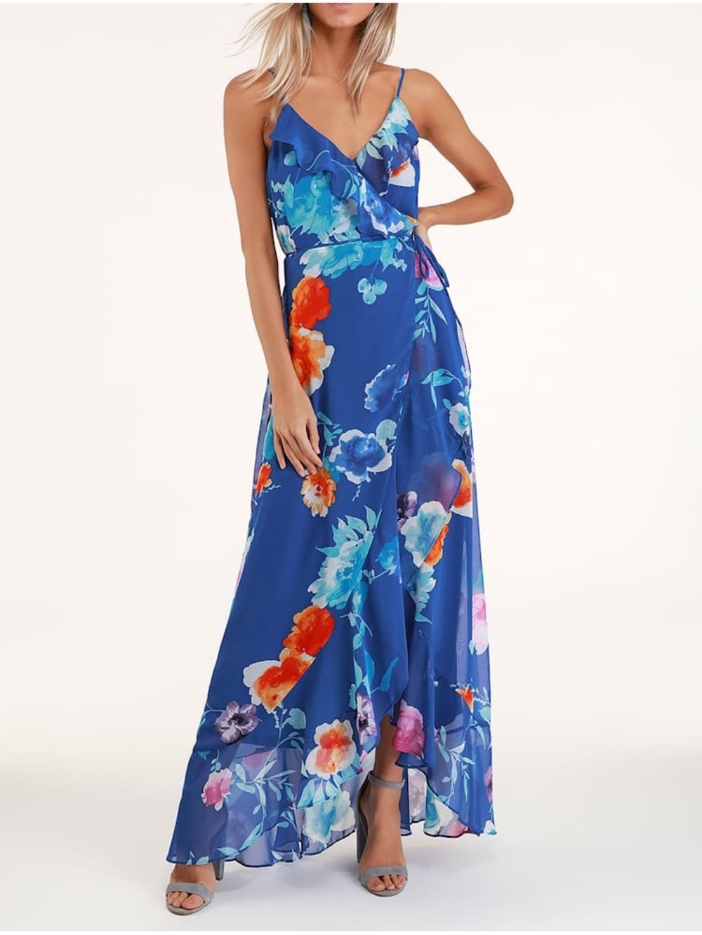 NWT Lulus Ladean Royal Blue Floral Print Ruffled Wrap Maxi Dress